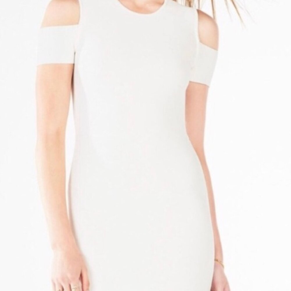 BCBG Max Azria White Bodycon Dress Cold Shoulder Size M Bridal Shower Cocktail